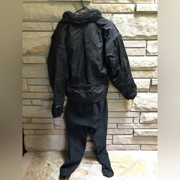 Vintage Obermeyer 2 pc Ski Jacket Pants Ski Suit Black Brocade Gold 80s 12P - Picture 3 of 16